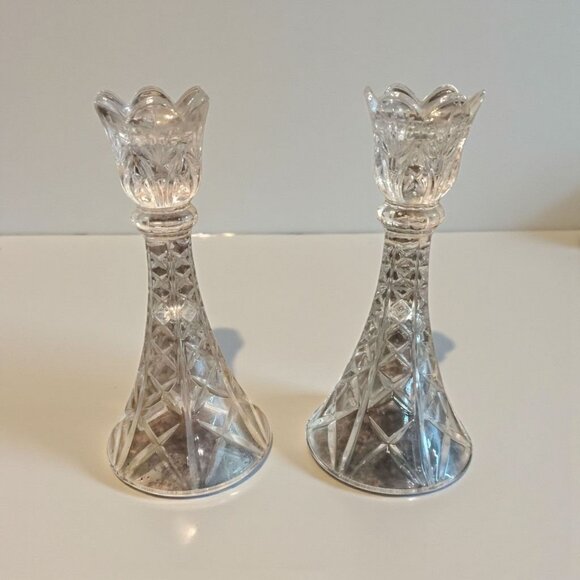 Crystal Tulip Candle Stick Holders 8" Elegant Clear Glass Decorative Pair - Picture 4 of 6